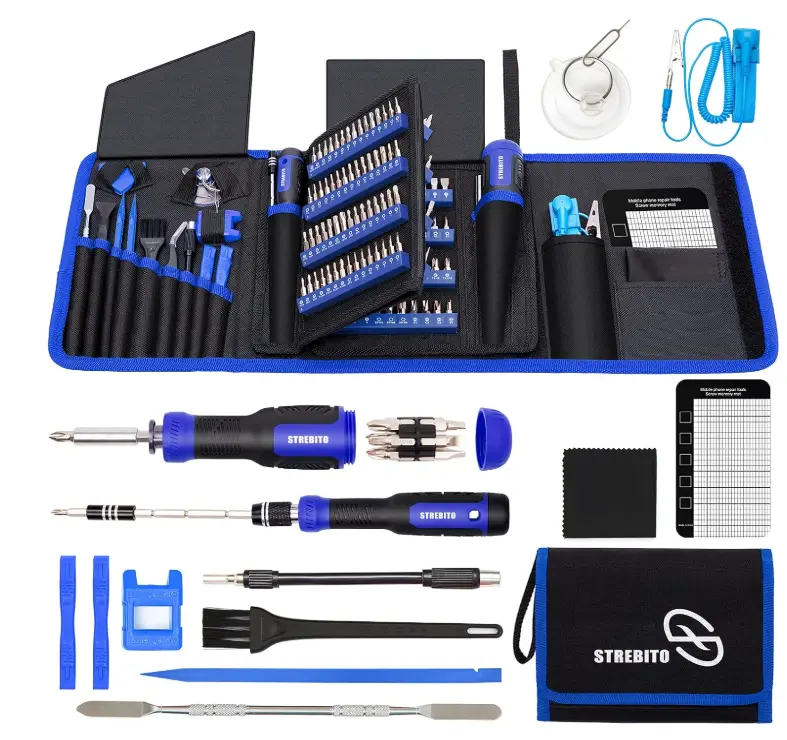 Professional iPhone repair tools including magnetic mat, precision screwdrivers, and opening tools.